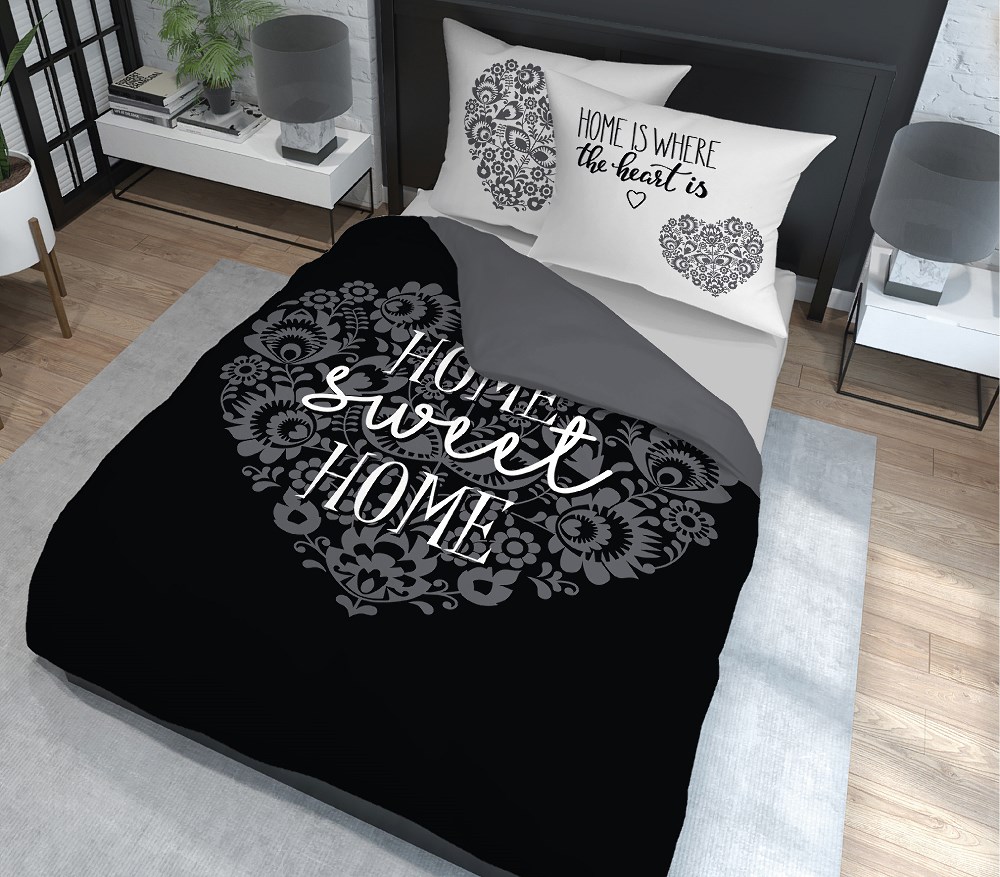 Pościel bawełniana 160x200 Home sweet Home serca czarna biała 3753 A Holland 78 - obrazek 9
