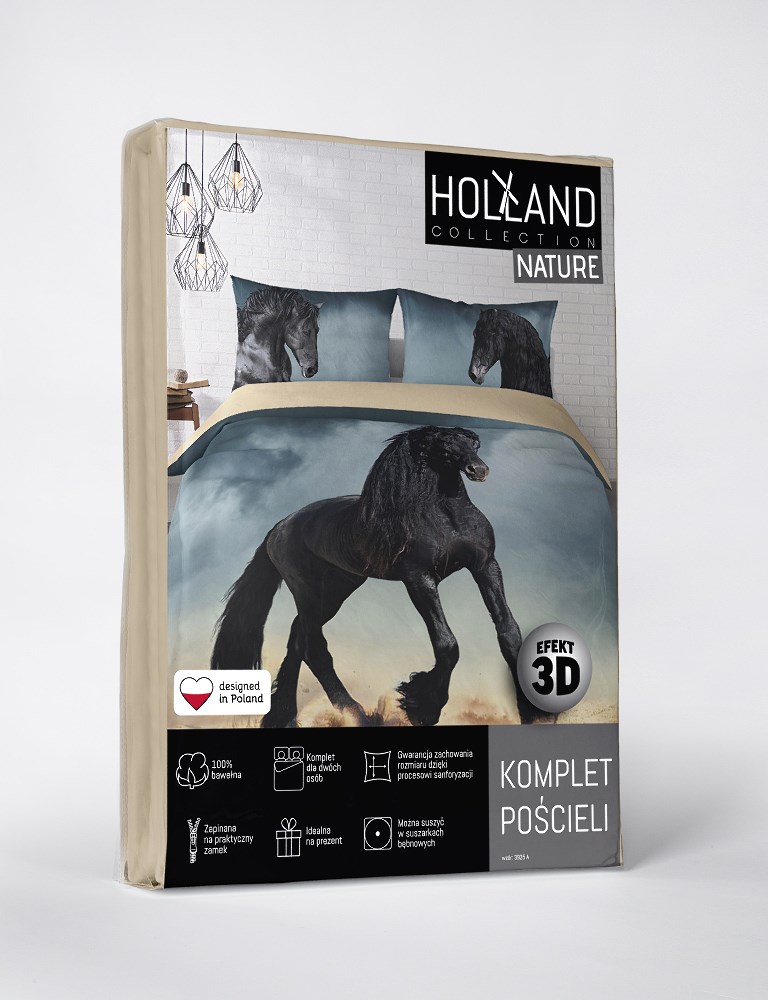 Pościel bawełniana 160x200 koń czarny beżowa 3925 A Holland Natura 100 - obrazek 5