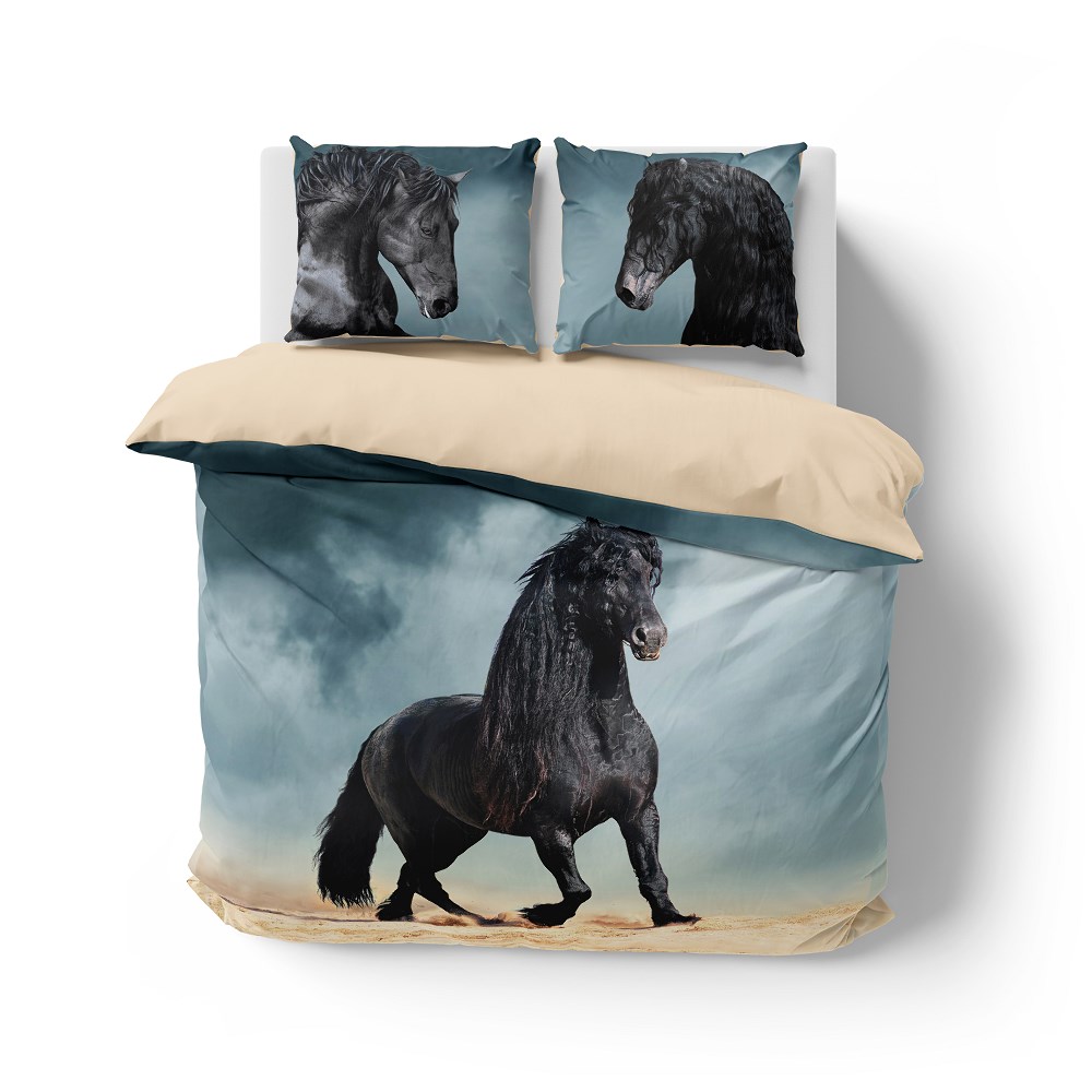 Pościel bawełniana 160x200 koń czarny beżowa 3925 A Holland Natura 100 - obrazek 7