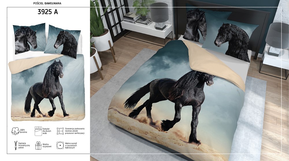 Pościel bawełniana 160x200 koń czarny beżowa 3925 A Holland Natura 100 - obrazek 8