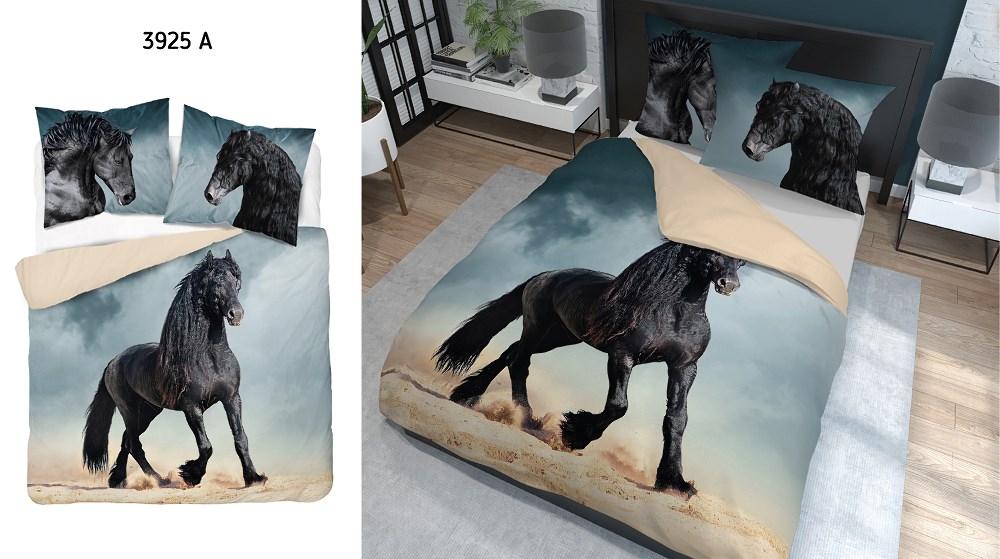 Pościel bawełniana 160x200 koń czarny beżowa 3925 A Holland Natura 100 - obrazek 9