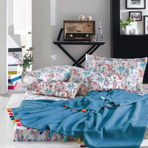 Komplet pościeli bawełniana 160x200 Styleup + Koc 180x220 niebieski z frędzlami paisley komplet w pudełku Faro