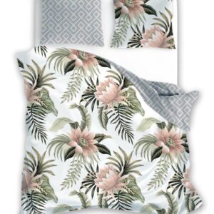 Pościel bawełniana 160x200 szara liście monstery kwiaty beżowe Letni Sen 002 Faro