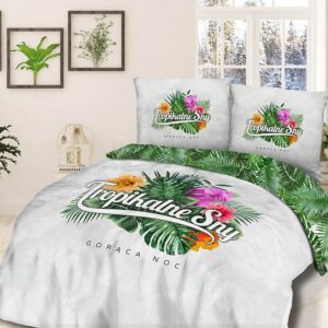 Pościel bawełniana 160x200 Tropikalne sny Gorąca noc kwiaty liście monstery biała zielona 61472/1 Panelove 5680