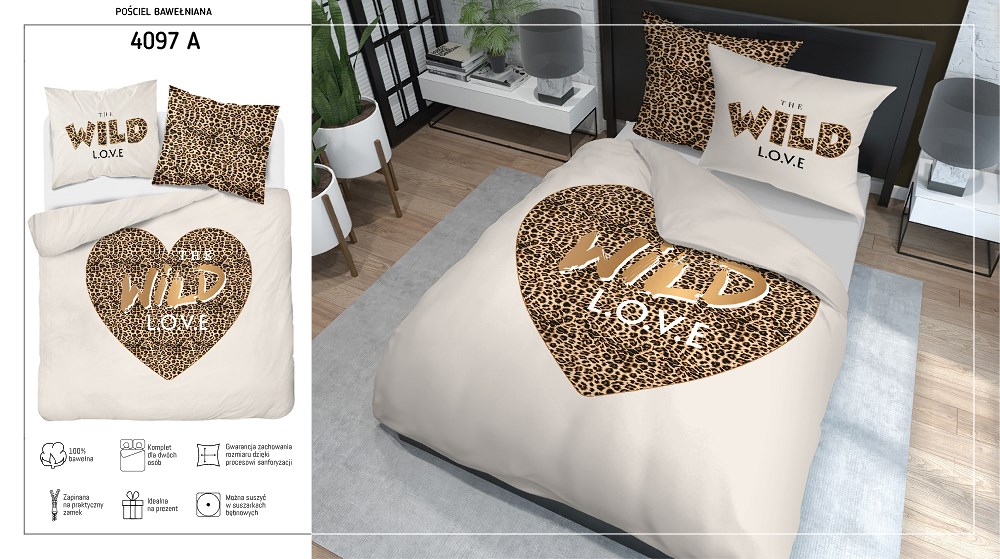 Pościel bawełniana 160x200 Wild love pantera beżowa 4097 A 2 poszewki 70x80 Holland 129 - obrazek 7