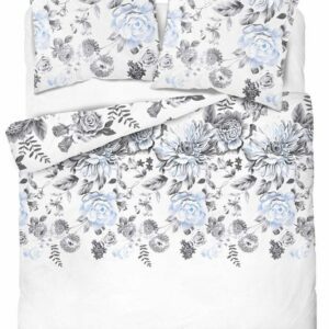 Pościel bawełniana 220x200 biała szara błękitna kwiaty 4462 B bawełna 40