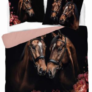 Pościel bawełniana 220x200 czarna brązowa różowa konie kwiaty 5295 A Holland Natura 52