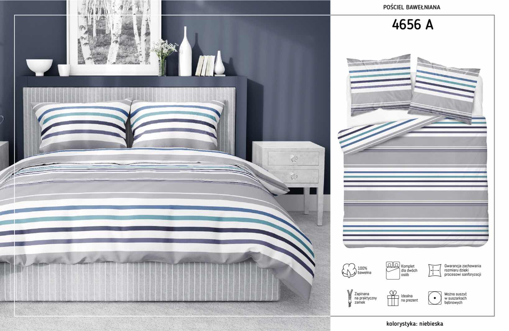 Pościel bawełniana 220x200 Pasy paski szara niebieska 4656 A Bawełna 37 - obrazek 7