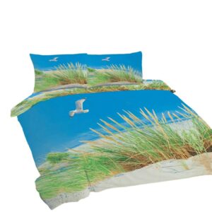 Pościel bawełniana 220x200 Plaża mewy trawa niebieska zielona Universal Matex