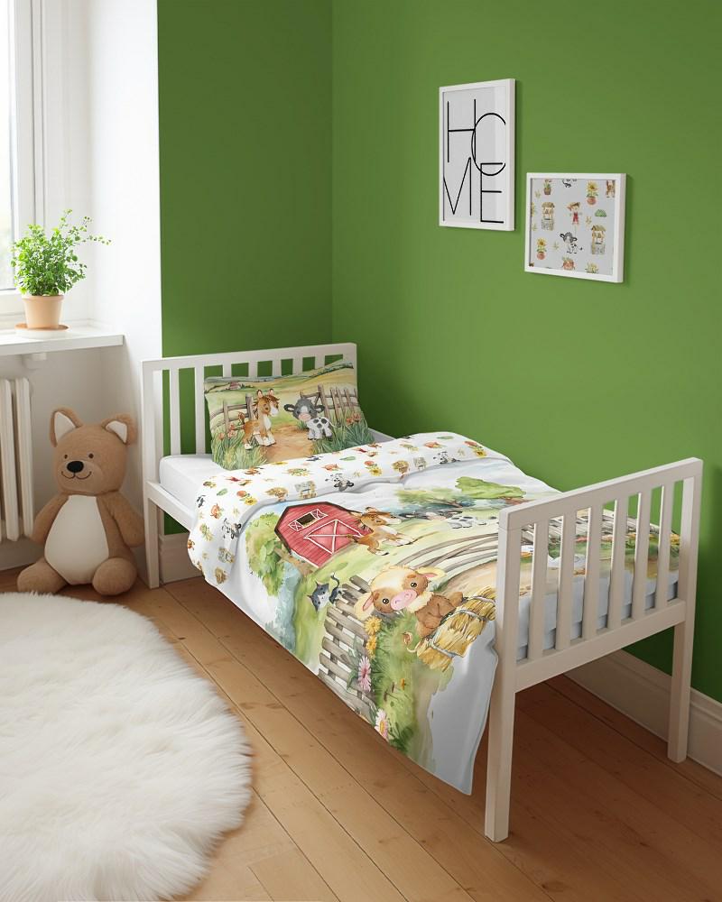Pościel bawełniana 90x120 Farma zwierzątka zielona żółta biała dziecięca do łóżeczka jedna poszewka 40x60 Mayamoo 26 - obrazek 4