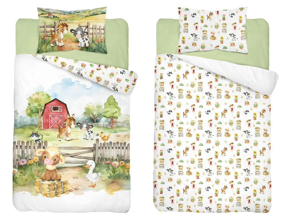 Pościel bawełniana 90x120 Farma zwierzątka zielona żółta biała dziecięca do łóżeczka jedna poszewka 40x60 Mayamoo 26