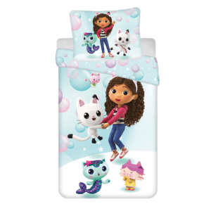 Posciel dziecięca 140x200 Koci domek Gabi niebieska bąbelki poszewka 70x90 Gabby`