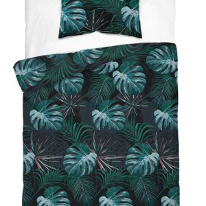Pościel satynowa 140x200 czarna turkusowa liście 4680 B z jedną poszewką Home Satin 40