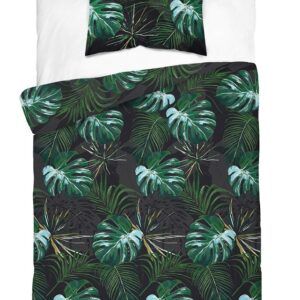 Pościel satynowa 140x200 czarna zielona liście 4680 A z jedną poszewką Home Satin 40