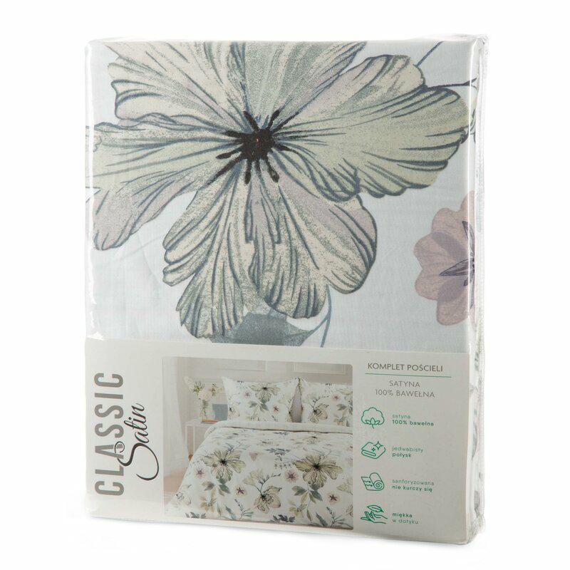 Pościel satynowa 140x200 Spring biała zielona kwiaty - obrazek 2