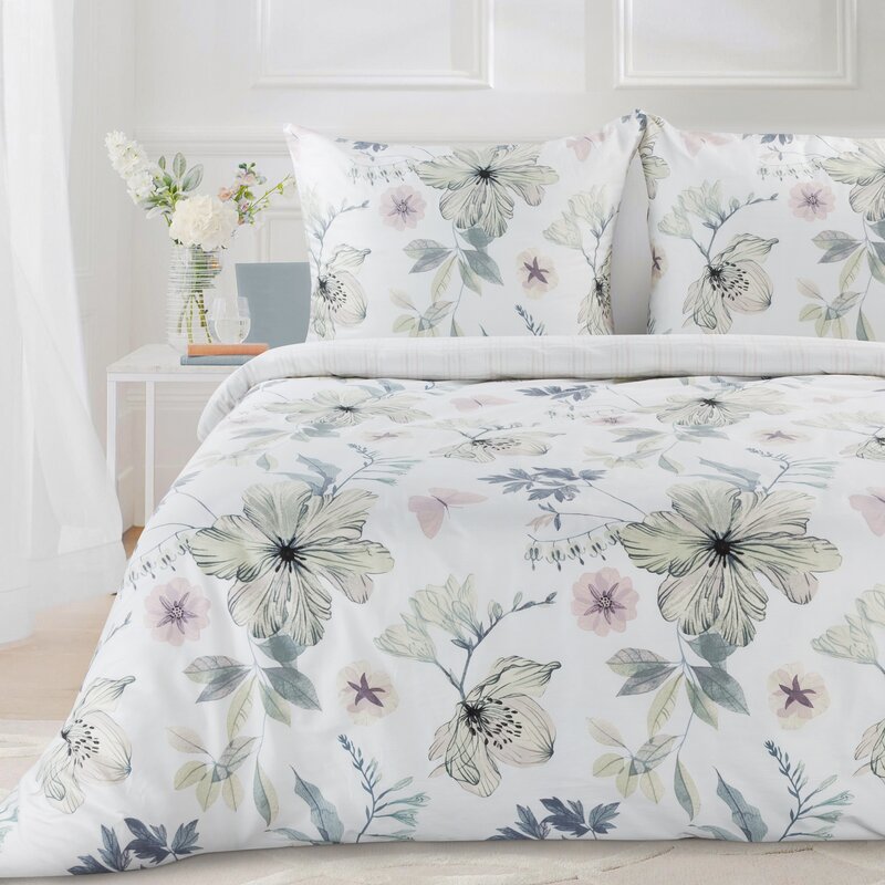 Pościel satynowa 140x200 Spring biała zielona kwiaty