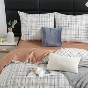 Pościel satynowa 160x200 biała beżowa kratka S109 I14