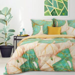 Pościel satynowa 160x200 Nelly 1 liście beżowa zielona Eurofirany