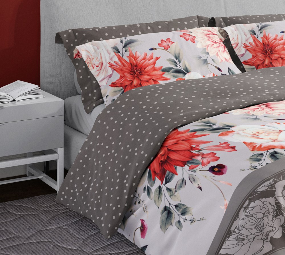 Pościel satynowa 160x200 Pure Sateen 007 beżowa szara kwiaty Faro - obrazek 3