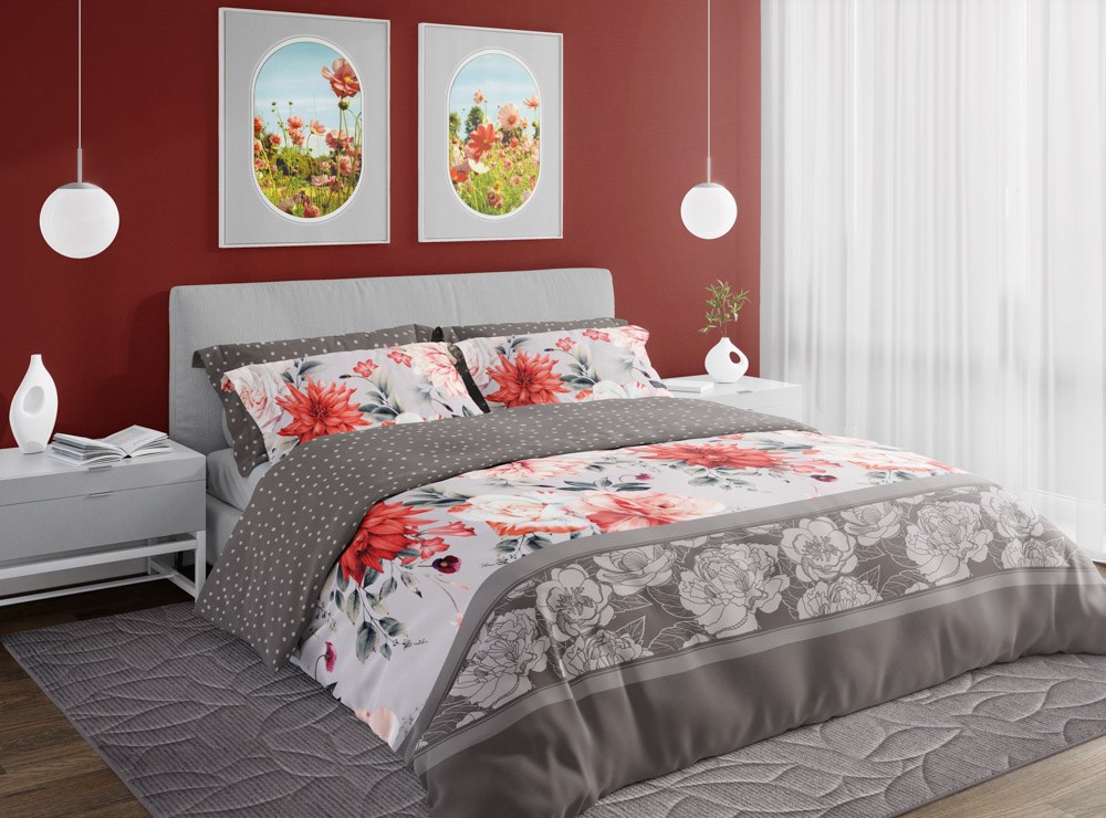 Pościel satynowa 160x200 Pure Sateen 007 beżowa szara kwiaty Faro - obrazek 2