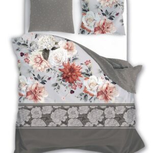 Pościel satynowa 160x200 Pure Sateen 007 beżowa szara kwiaty Faro