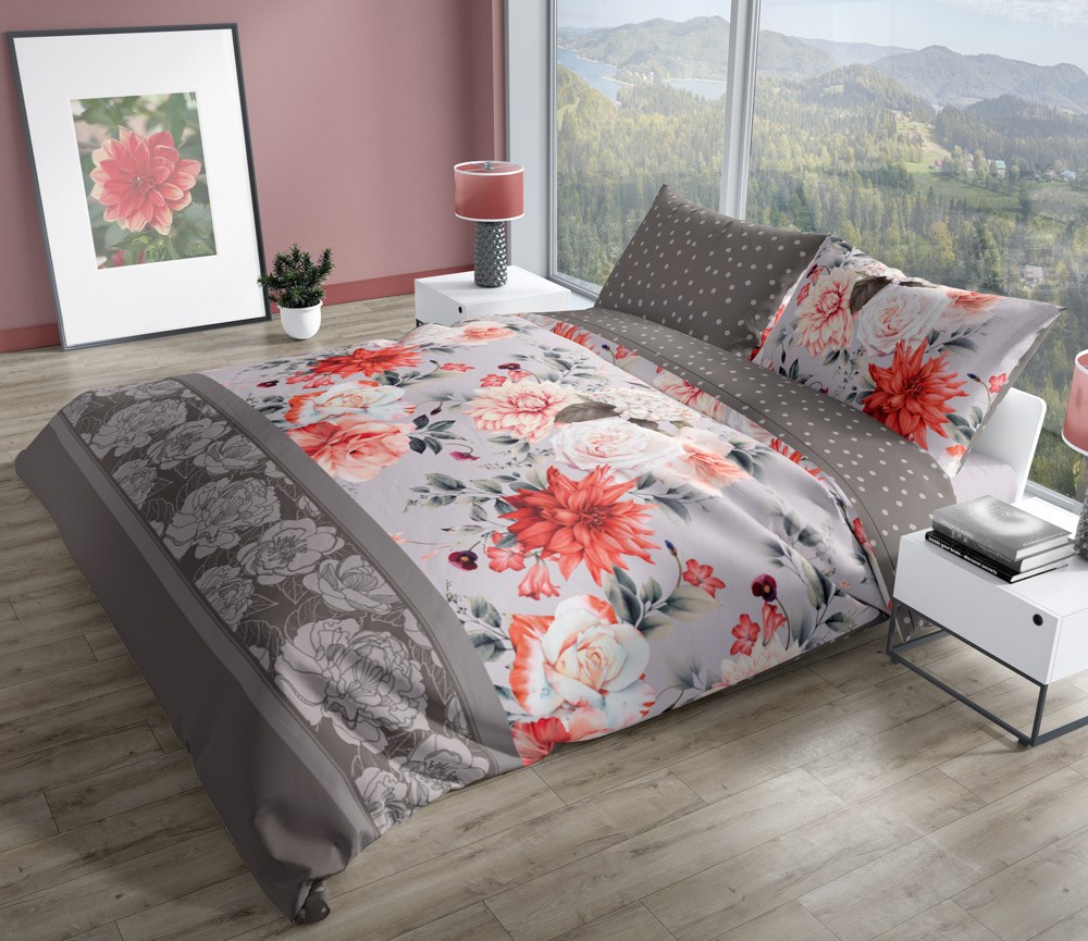 Pościel satynowa 160x200 Pure Sateen 007 beżowa szara kwiaty Faro - obrazek 4