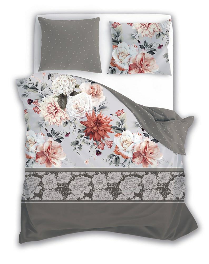 Pościel satynowa 160x200 Pure Sateen 007 beżowa szara kwiaty Faro