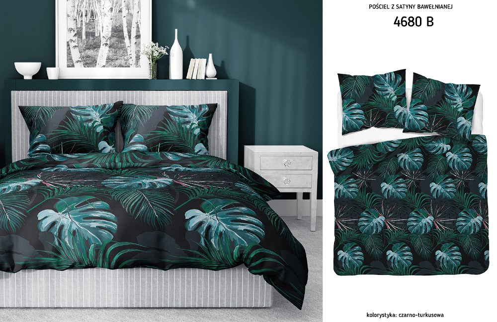 Pościel satynowa 180x200 czarna turkusowa liście 4680 B Home Satin 40 - obrazek 5