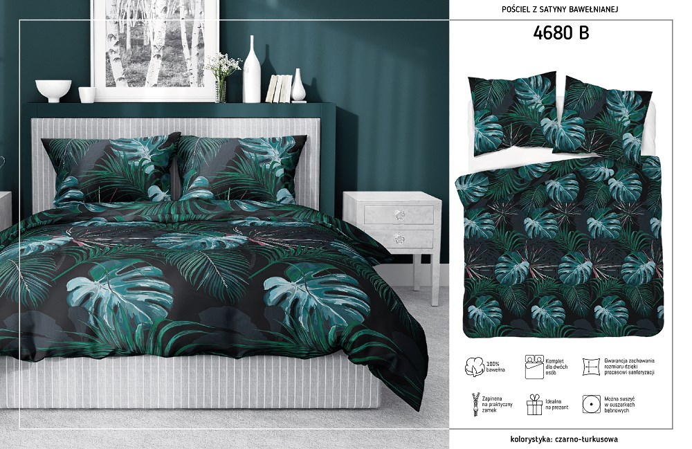 Pościel satynowa 180x200 czarna turkusowa liście 4680 B Home Satin 40 - obrazek 4