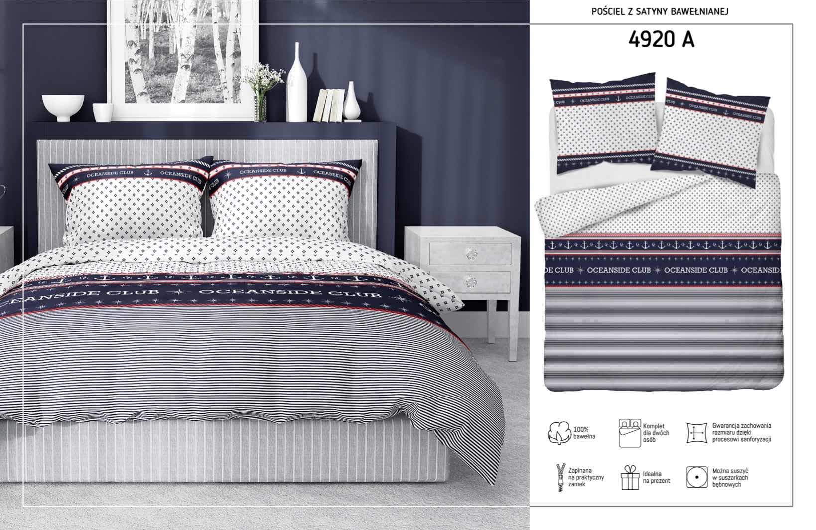 Pościel satynowa 220x200 biała granatowa marynarska 4920 A Home Satin 81 - obrazek 2