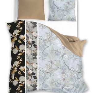 Pościel satynowa 220x200 Elegant 010 szara beżowa liście dwustronna S 23 Faro