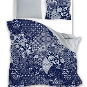 Pościel satynowa 220x200 Elegant 017 granatowa szara rozety dwustronna S 23 Faro