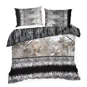 Pościel satynowa 220x200 Eva 17 czarna beżowa liście cętki Eva Minge Eurofirany