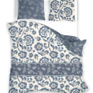 Pościel satynowa 220x200 Pure Sateen 008 kremowa niebieska kwiaty Faro