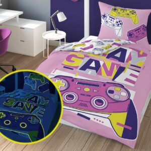 Pościel świecąca w ciemności 140x200 Game Over Pady różowa młodzieżowa bawełniana