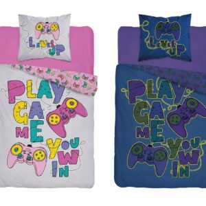 Pościel świecąca w ciemności 140x200 Game Over szara różowa level up pady bawełniana dla gracza młodzieżowa