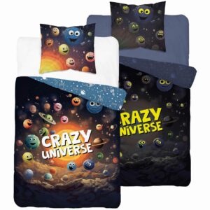 Pościel świecąca w ciemności 140x200 Crazy universe granatowa niebieska ciemna wielokolorowa planety fluo