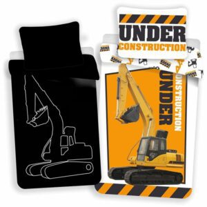 Pościel świecąca w ciemności 140x200 Koparka żółta budowa Under Construction bawełniana poszewka 70x90 młodzieżowa excavator Dredger glowing