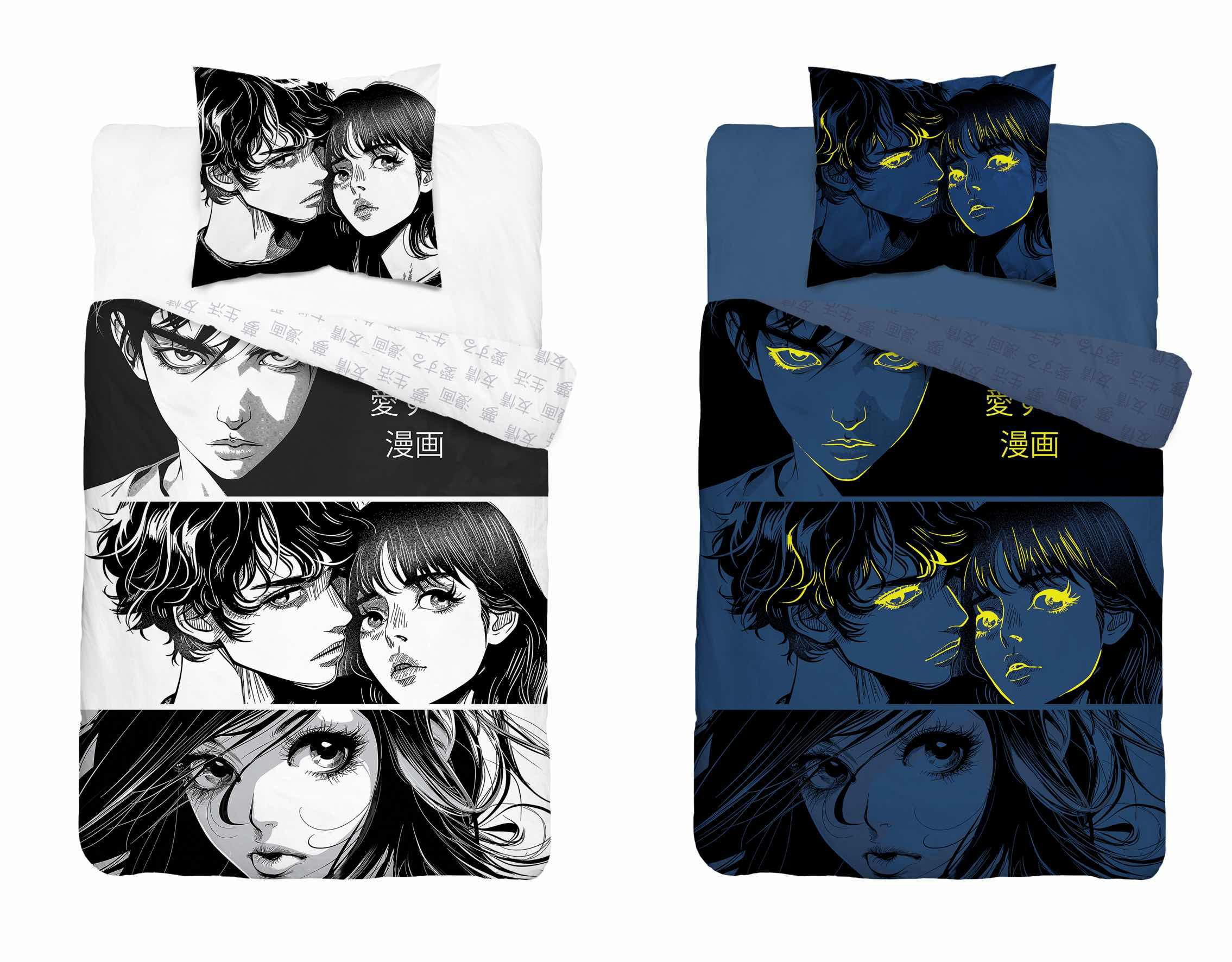 Pościel świecąca w ciemności 160x200 Anime Boy Girl czarna biała fluorescencyjna