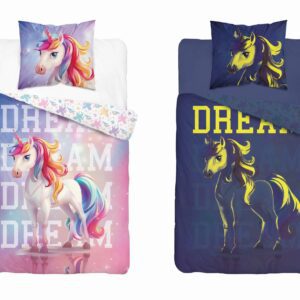 Pościel świecąca w ciemności 160x200 Jednorożec różowa niebieska wielokolorowa  Fluo