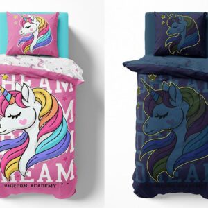 Pościel świecąca w ciemności 160x200 Jednorożec unicorn różowa bawełniana fluorescencyjna