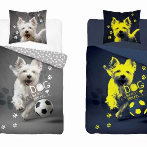 Pościel świecąca w ciemności 160x200 Pies piłka grafitowa szara biała fluorescencyjna