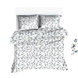 Pościel z kory 140x200 1127N biała kwiatuszki niebieskie 1683E na guziki 100% bawełna gruba