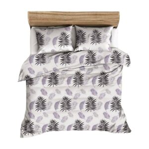Pościel z kory 160x200 biała fioletowa liście 1641N Bielawa KARO