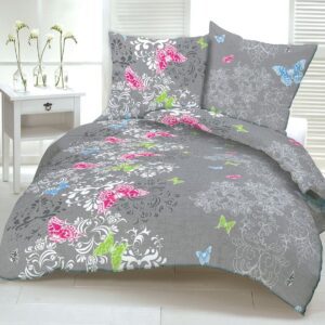 Pościel z kory 200x220 732a szara motylki kolorowe ornament na guziki bawełniana
