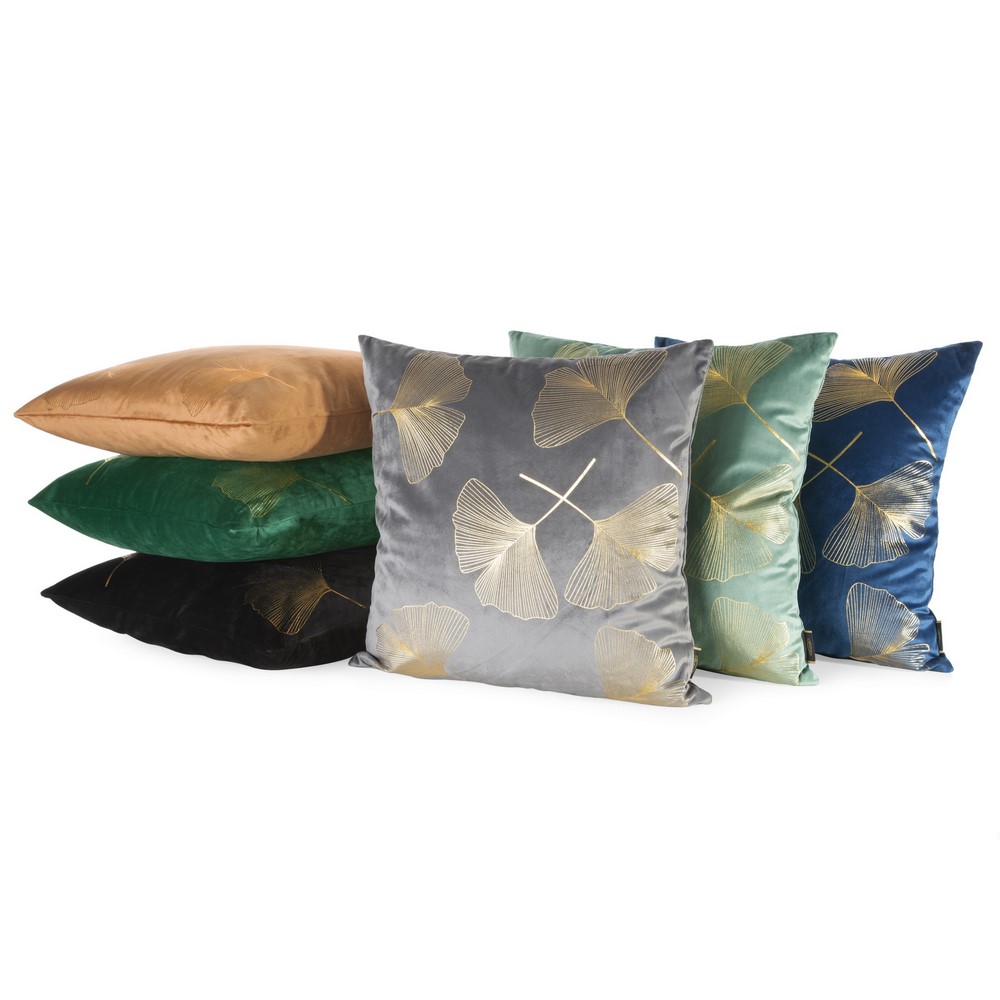 Poszewka dekoracyjna 45x45 Ginko 1 miętowa złota liście miłorzębu welurowa Eurofirany - obrazek 2