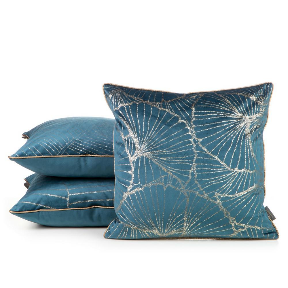Poszewka dekoracyjna 45x45 Musa 3 granatowa ze złotym nadrukiem liści miłorzębu welurowa Limited Collection Eurofirany - obrazek 2