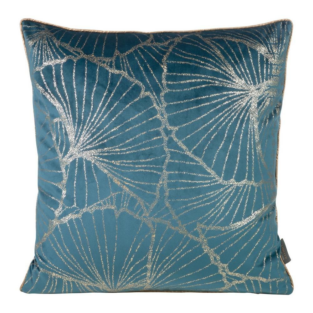 Poszewka dekoracyjna 45x45 Musa 3 granatowa ze złotym nadrukiem liści miłorzębu welurowa Limited Collection Eurofirany