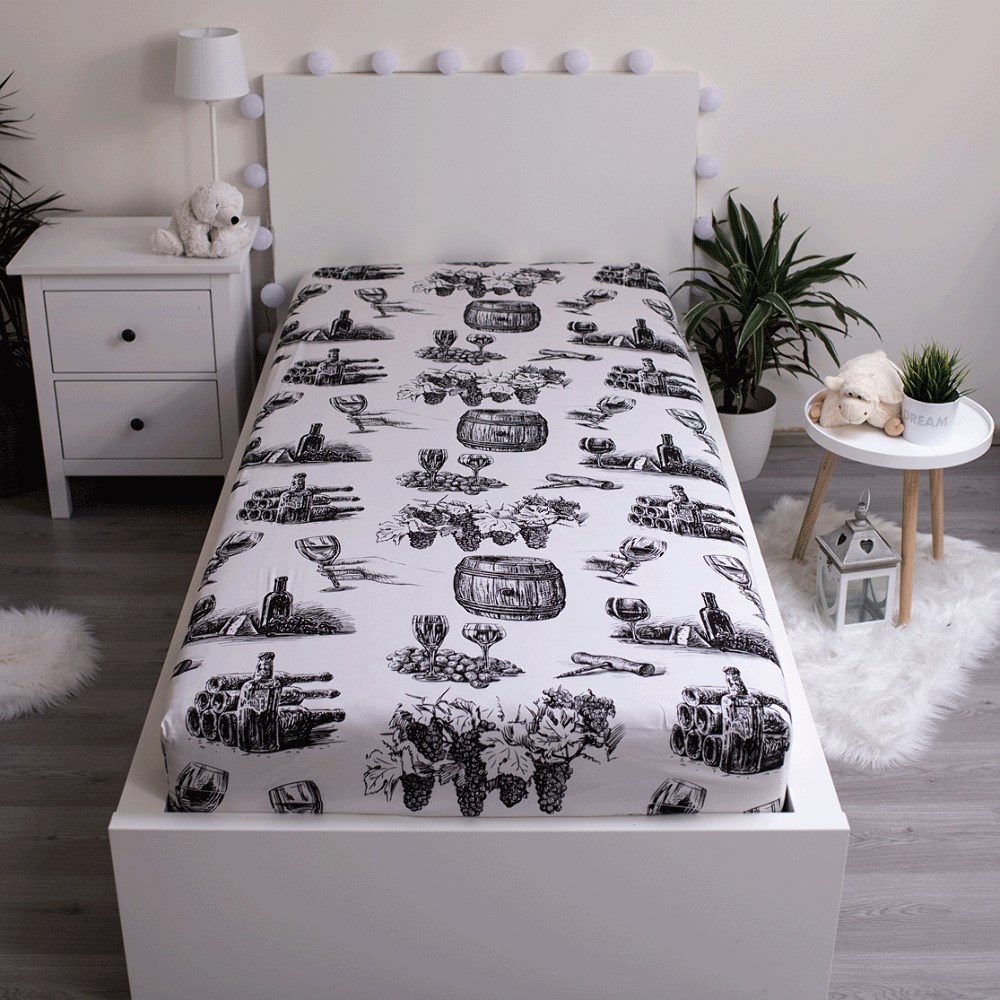 Prześcieradło bawełniane z gumką 90x200 Wino beczki białe czarne - obrazek 2