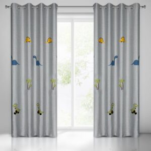 Zasłona 140x250 Dino srebrna z zieloną aplikacją dinozaurów dla dzieci gotowa na przelotkach Eurofirany